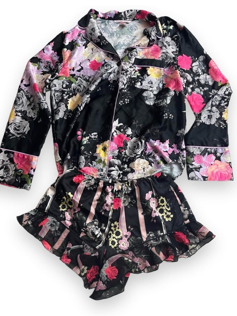 Victoria's Secret Signature Satin Short Pajama Set Long-Sleeve Top/Ruffle Shorts